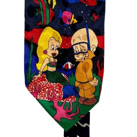 Vintage Looney Tunes Mania Neck Tie Elmer Mermaid Marvin Taz Bugs Silk Korea '93 - Picture 1 of 15